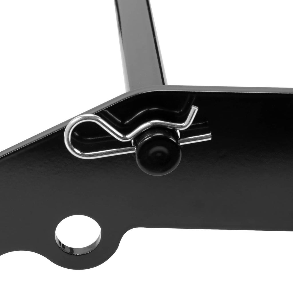 Brush guard mounting bracket close-up with round hole and secured pin loop