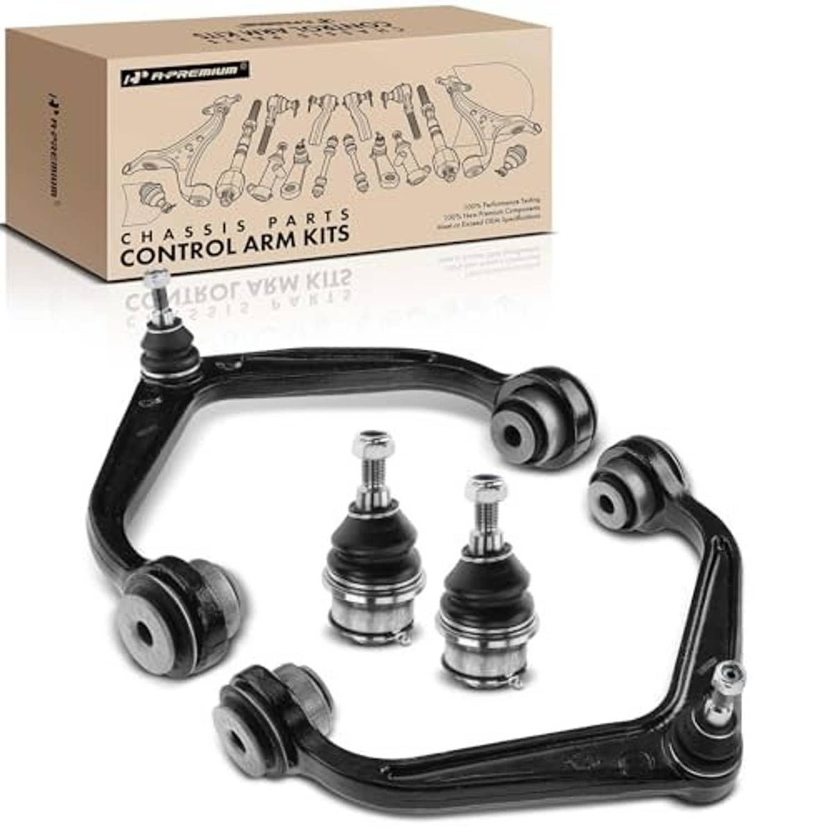 Black front control arm and ball joint kit with four suspension linkage components