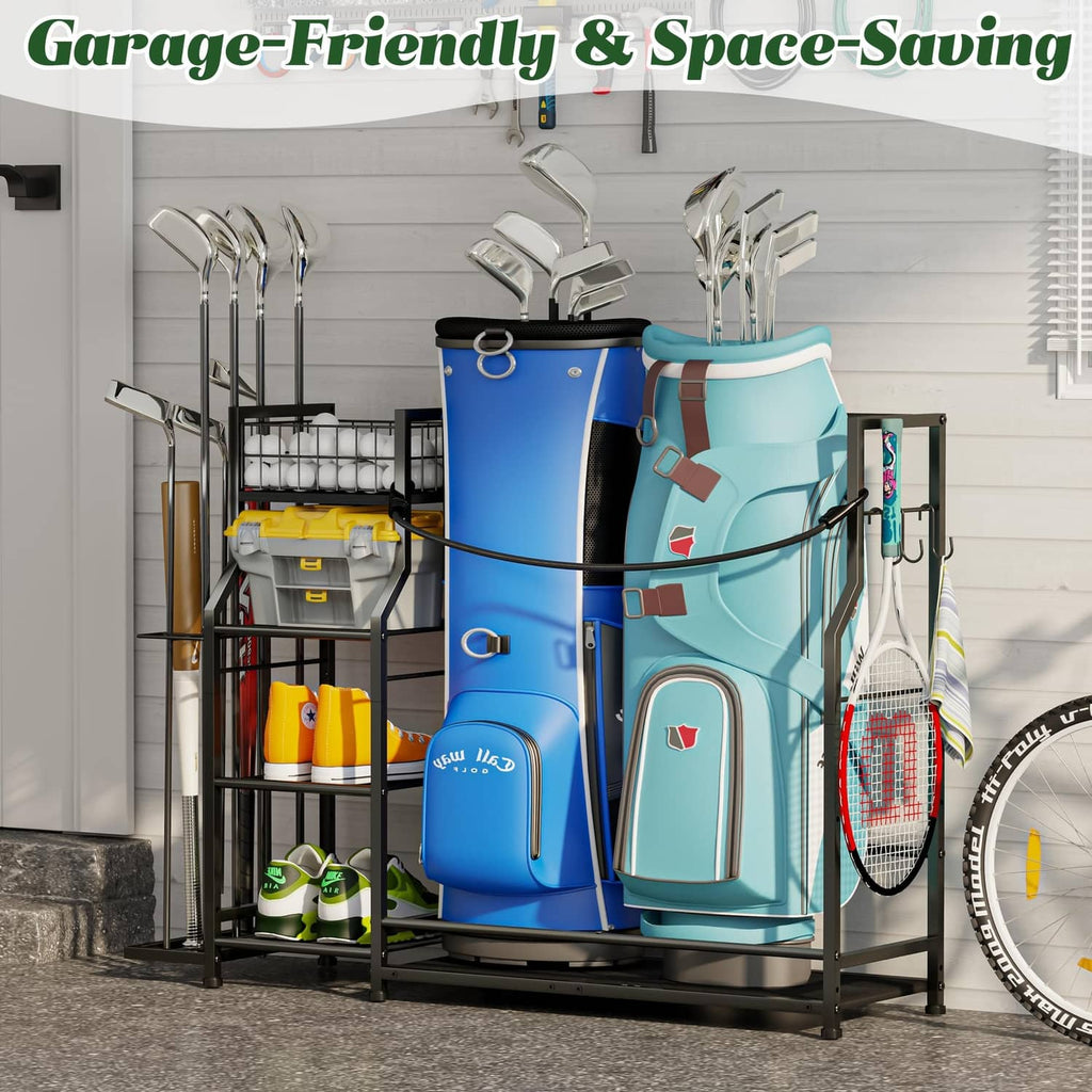 Golf bag storage organizer stand with blue and light blue golf bags and metal shelving