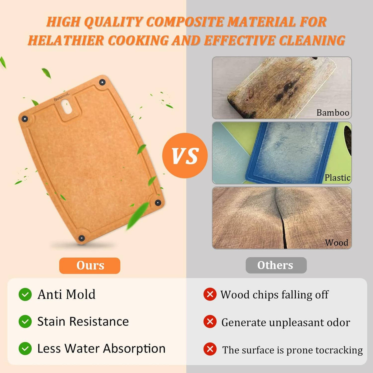 Tan composite cutting boards with anti-stain surface and corner grip holes