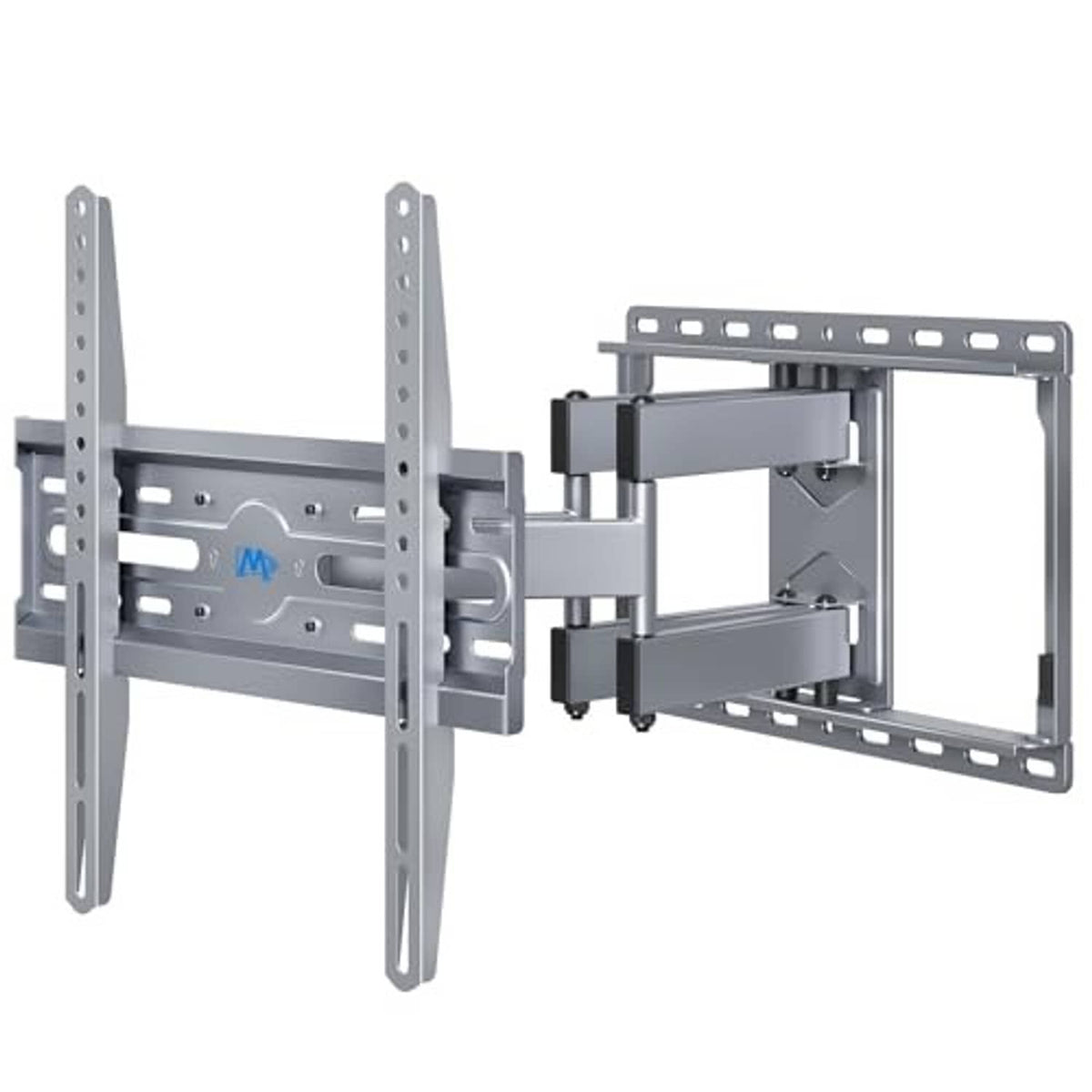 Silver grey TV wall mount bracket with open frame and adjustable locking arms