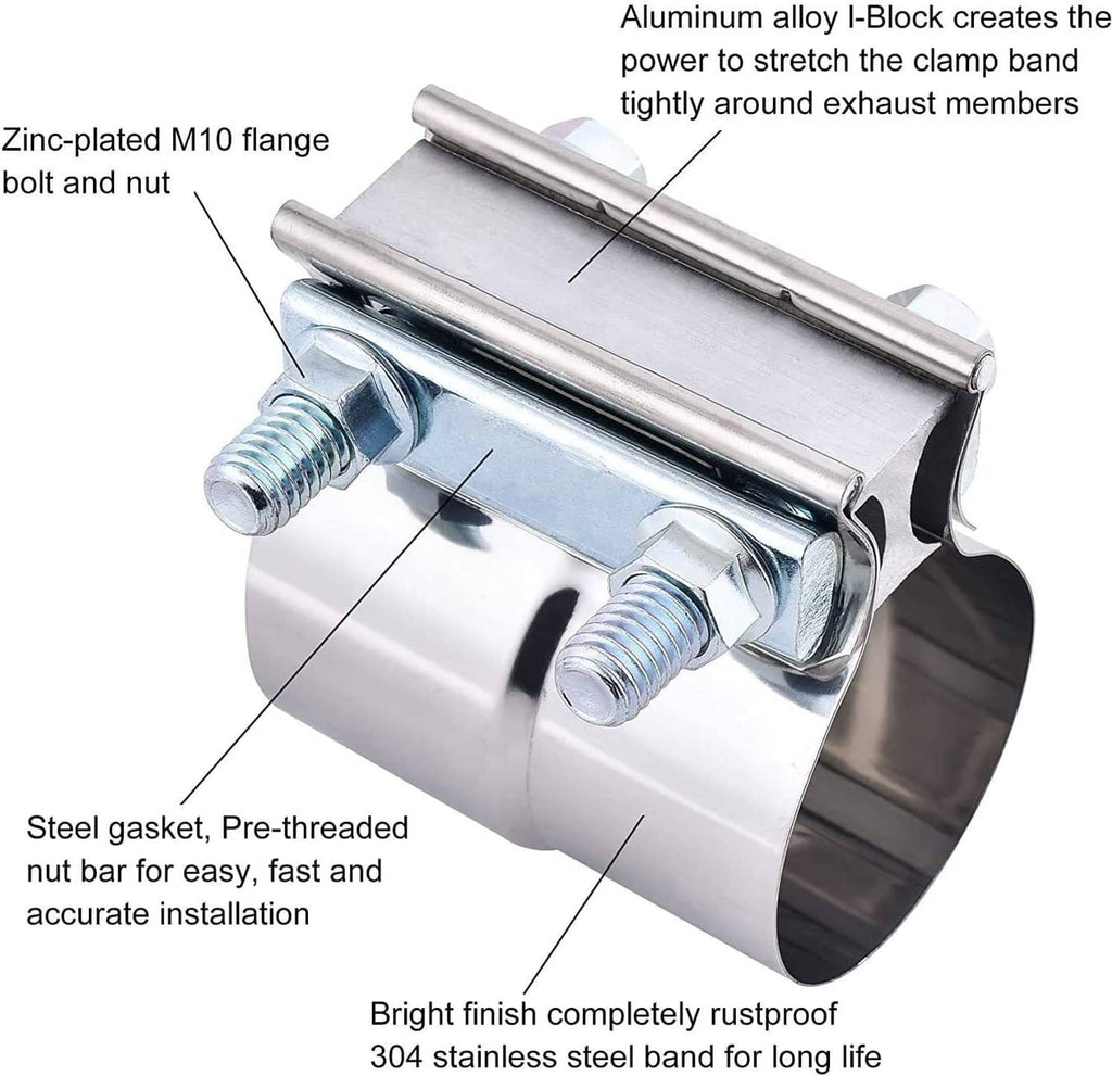 Stainless steel exhaust band clamp with hex bolts and threaded nut for 3-inch sleeve