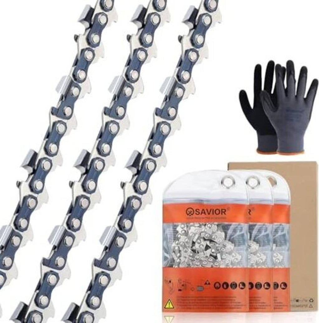 3-pack chainsaw chain set in package, with black work gloves