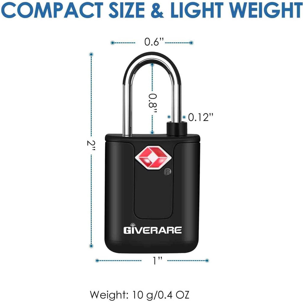 Compact black GIVERARE luggage padlock with chrome shackle, shown with size marks