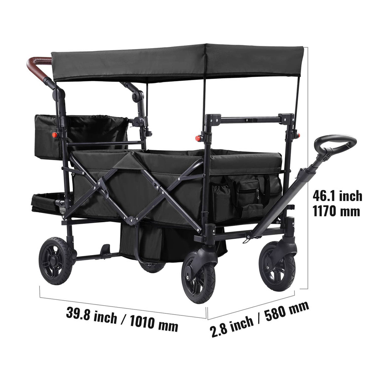 Black double stroller wagon with canopy, side cargo baskets, and four large wheels.