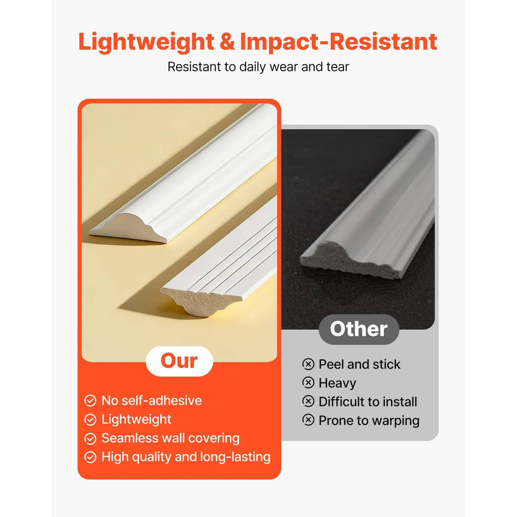 White wall molding trim profile with straight edge and textured waterproof-looking surface