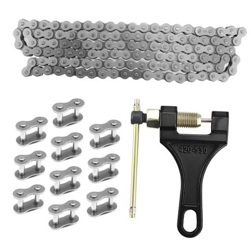 Motorcycle drive chain kit with light gray 120-link chain, joining pins, and chain breaker tool