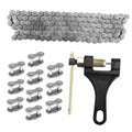 Motorcycle drive chain kit with light gray 120-link chain, joining pins, and chain breaker tool