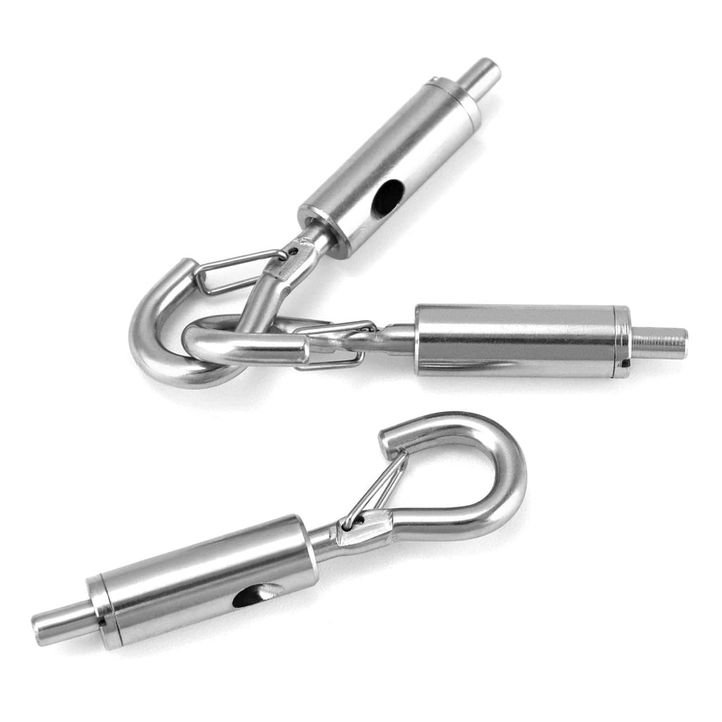 Steel hook-and-eye turnbuckle hanger pair, showing open eye and threaded rod ends.
