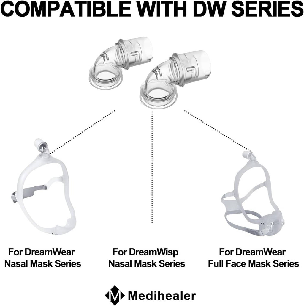 Two clear swivel elbow connectors with round ports for DW series tubing