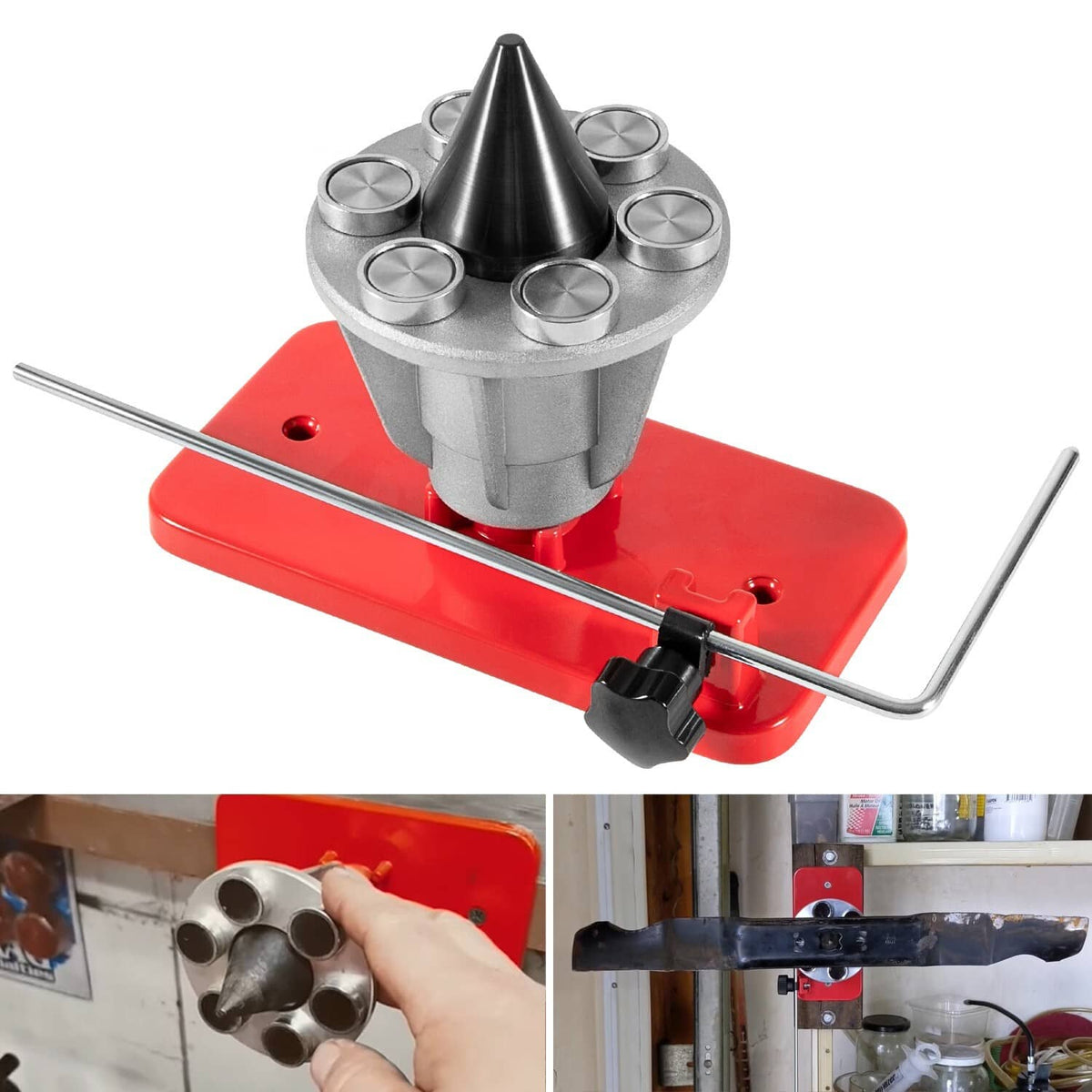 Magnetic lawn mower blade balancer with red base, steel spindle, six magnetic cups
