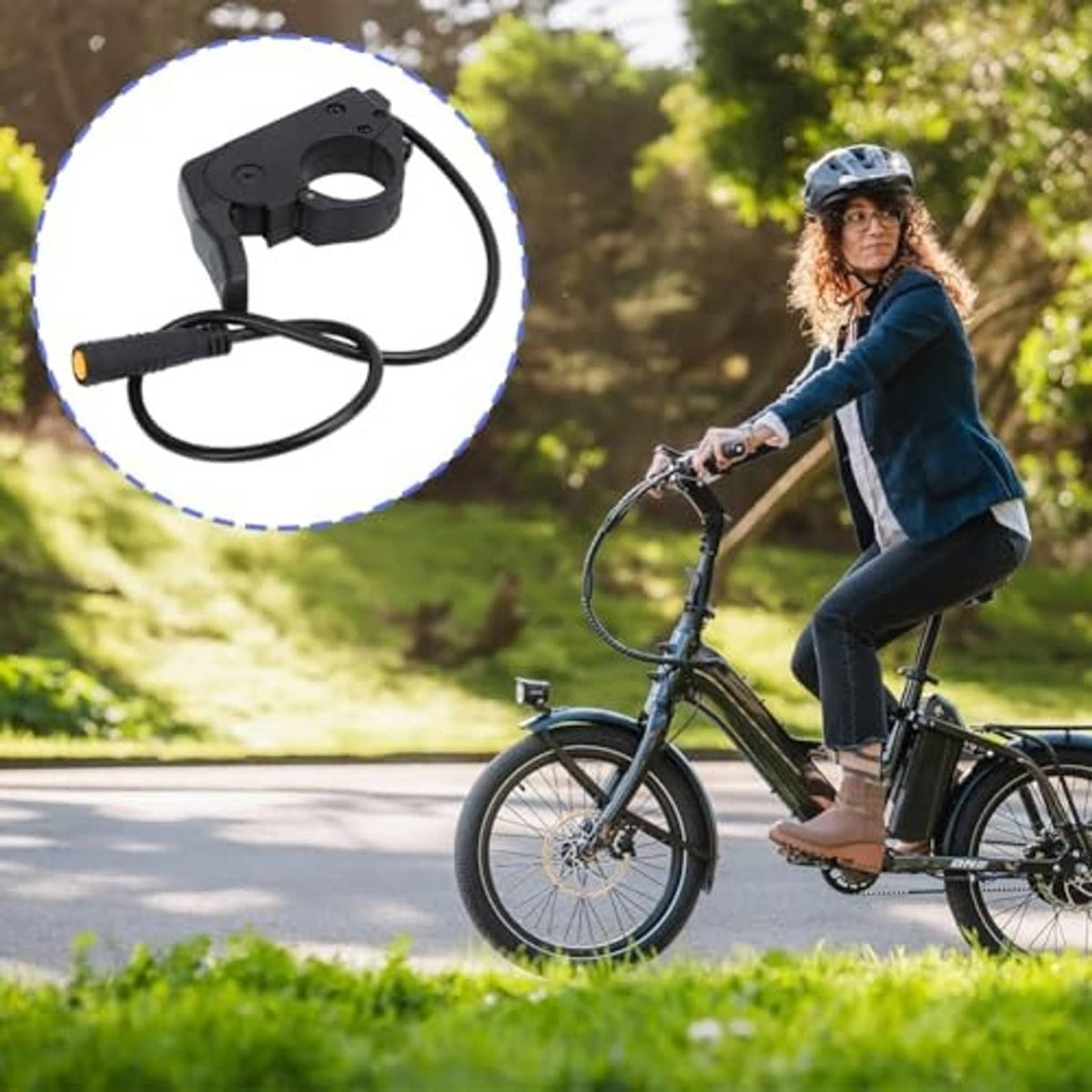 Electric bike thumb throttle speed control clamp with black cable and orange indicator