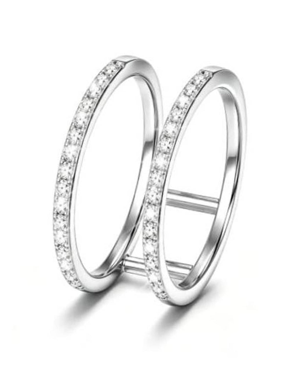 Silver-tone smart ring jacket with two stacked bands and sparkling clear stones