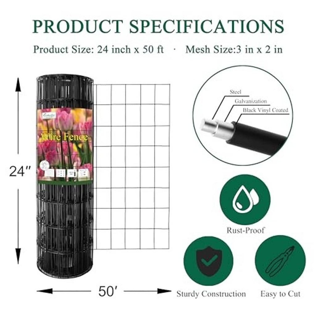Black PVC-coated welded wire fence roll, 24 in x 50 ft size shown
