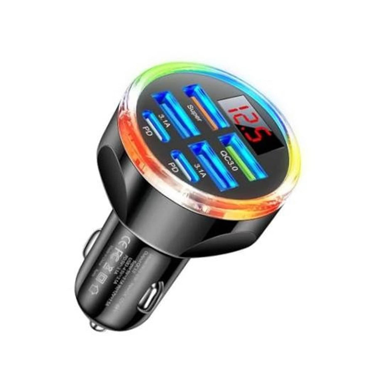 Black 6-in-1 USB-C car phone charger adapter with glowing voltage display ring