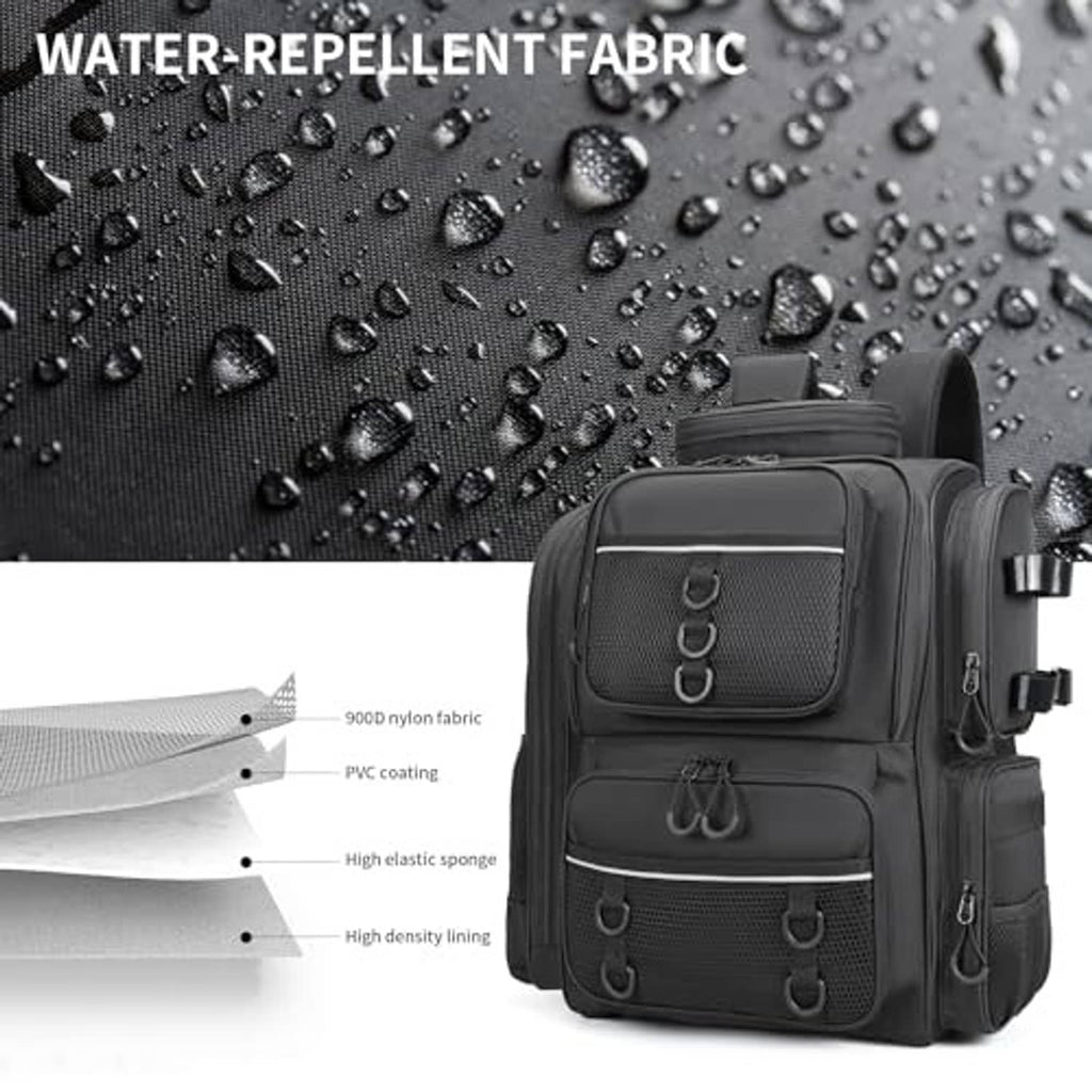 Black water-repellent fishing backpack with front organizer pocket and side rod holder