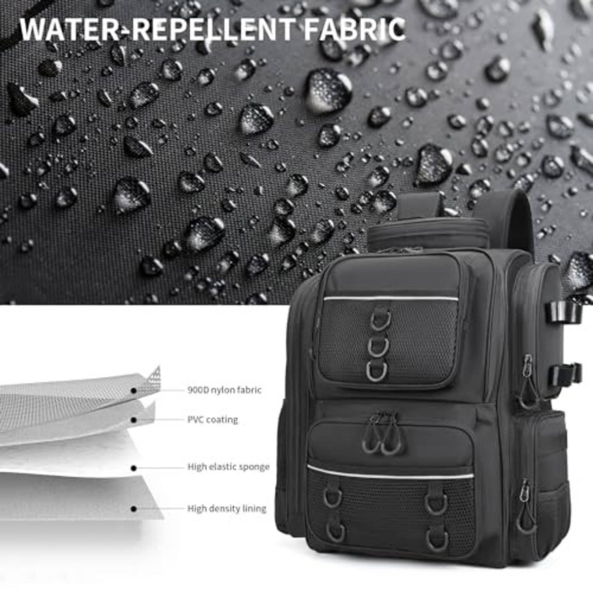 Black water-repellent fishing backpack with front organizer pocket and side rod holder