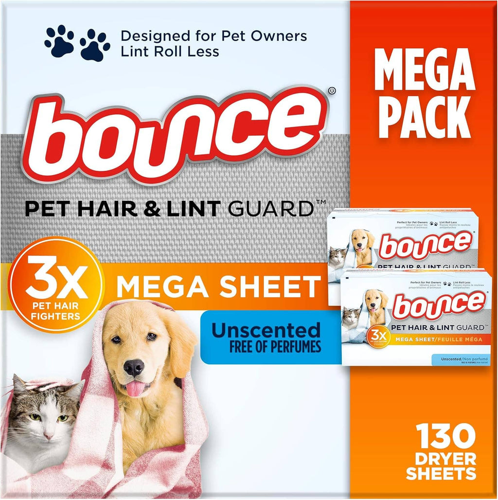 Pet hair & lint guard dryer sheet mega pack, unscented 130-count box