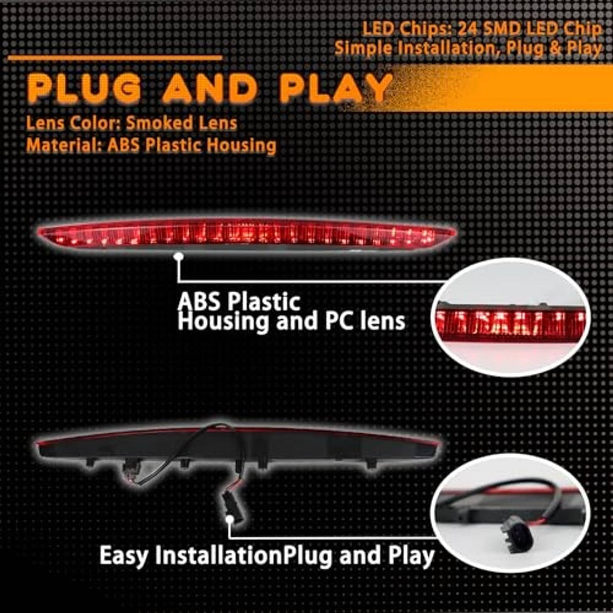 Red LED third brake light replacement with ABS housing and PC lens diagram