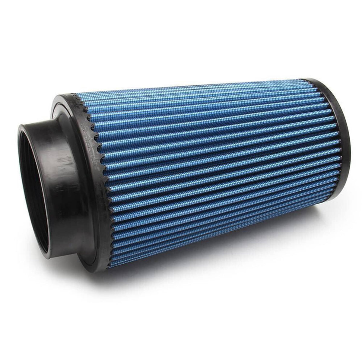 Blue pleated air filter element with black end caps and mounting base