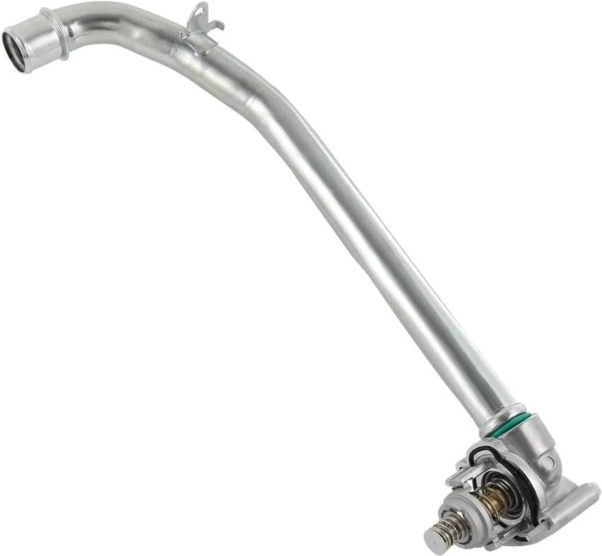 Metal thermostat coolant outlet pipe with connection bracket and valve assembly