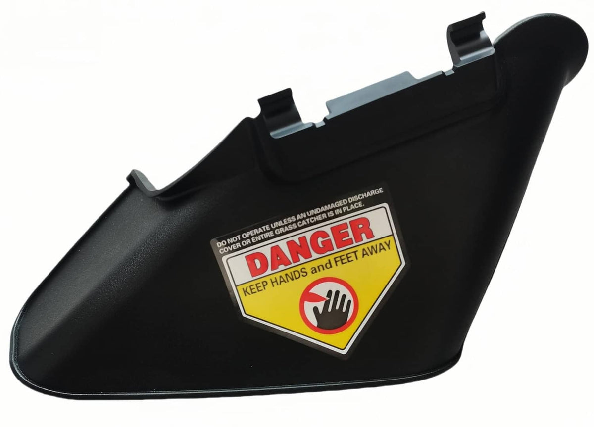 Black side discharge chute with Danger safety warning label and discharge opening