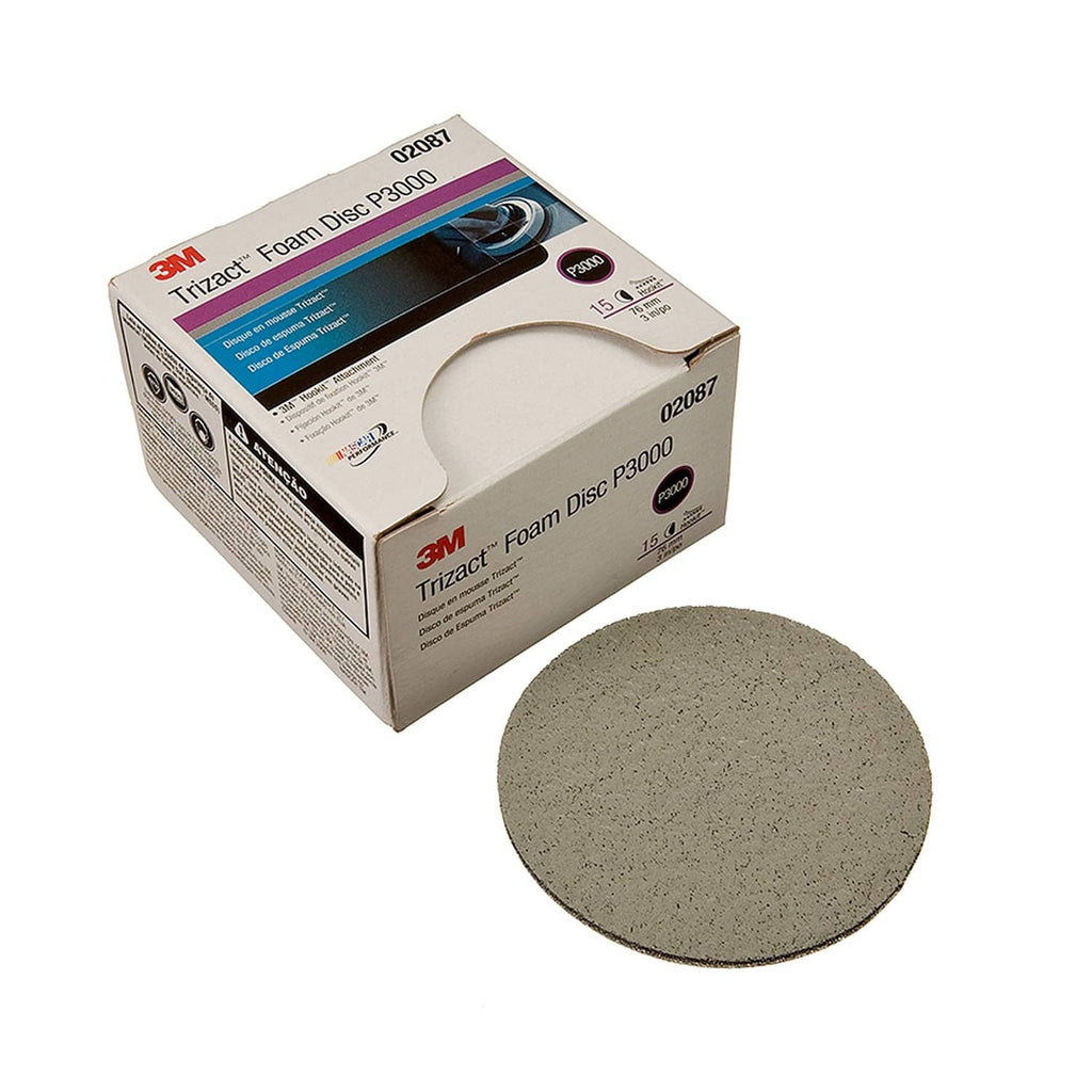 3 in Trizact foam disc, P3000 grit, shown with product box packaging