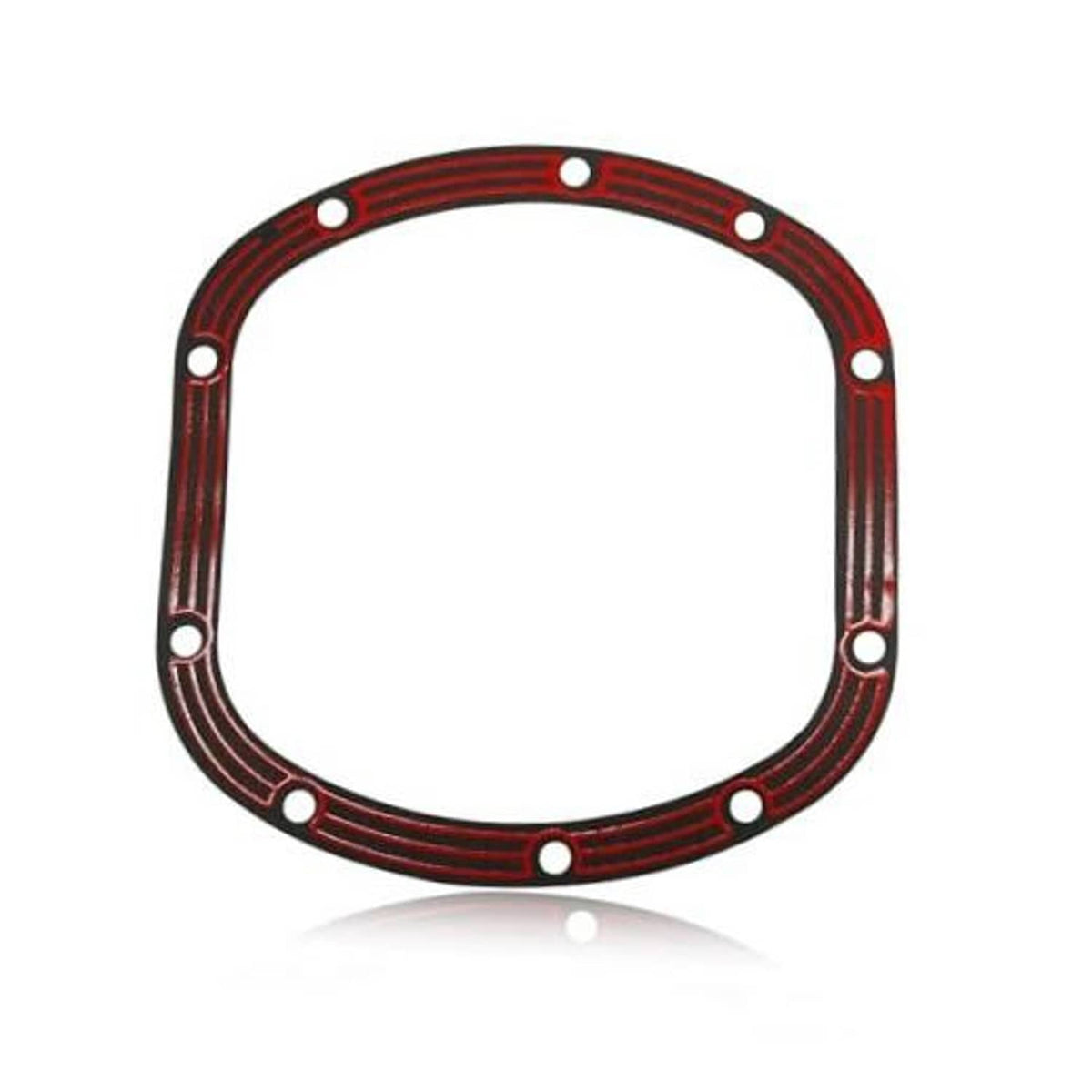 Differential cover gasket ring with red rubber seal and metal bolt holes, black border