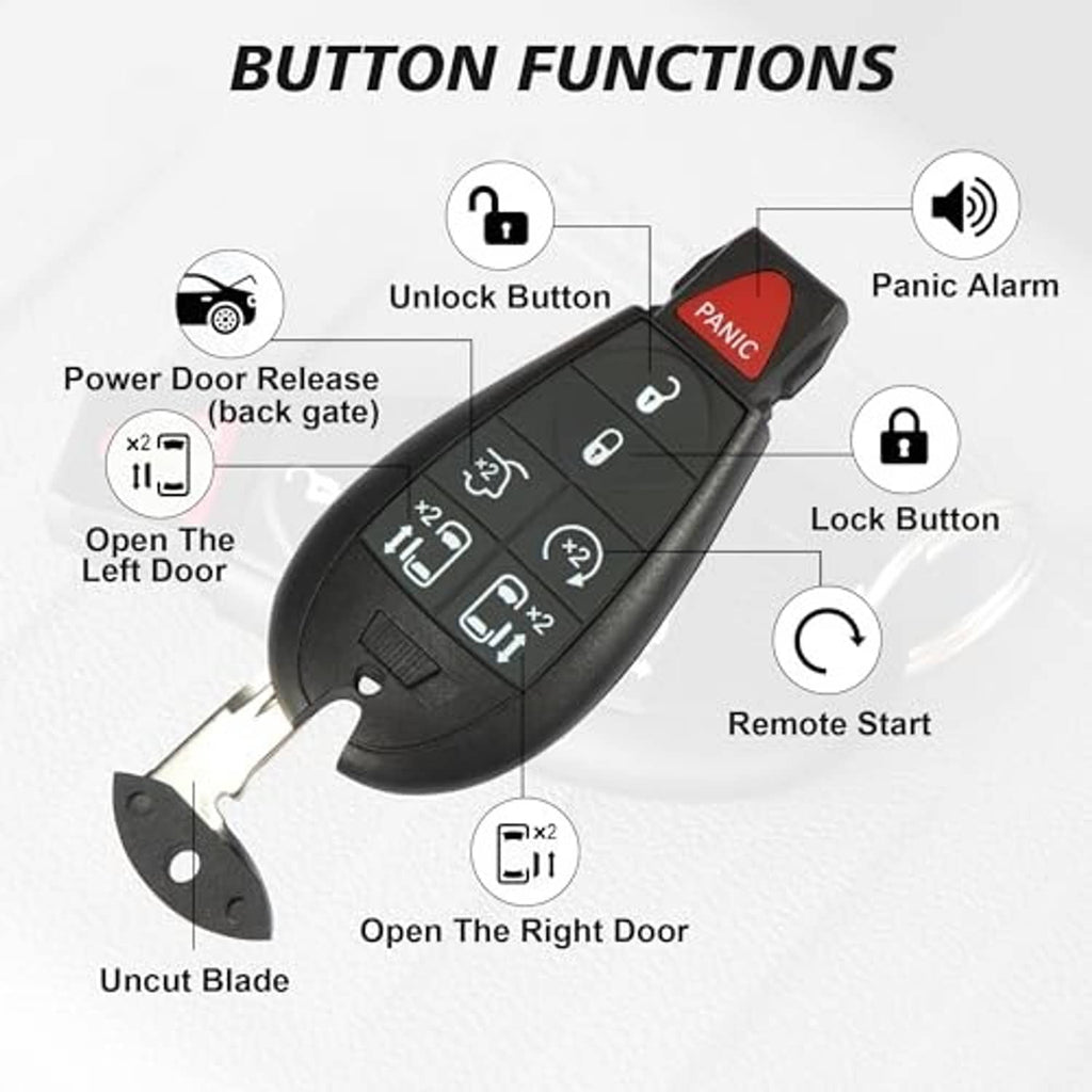 Black key fob remote with red PANIC, unlock/lock and door release buttons