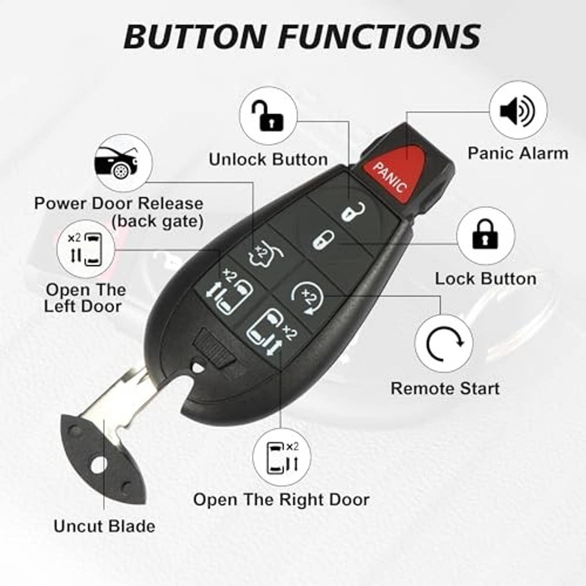 Black key fob remote with red PANIC, unlock/lock and door release buttons