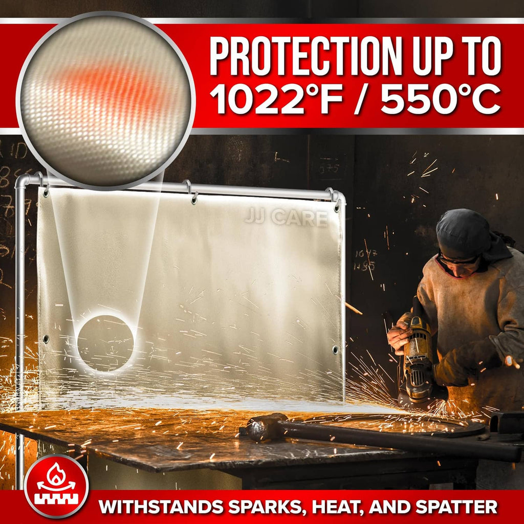 Large golden welding blanket hanging with round cutout and grommets
