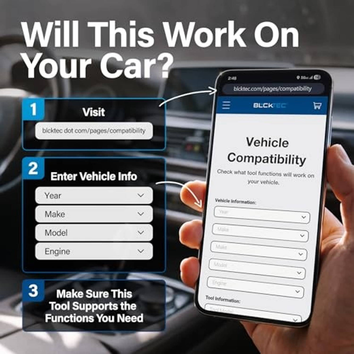 Vehicle compatibility screen on smartphone shown beside OBD2 scanner device