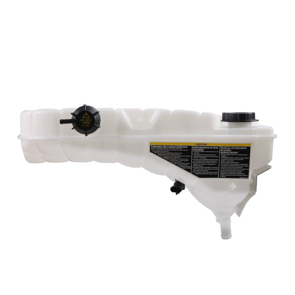 Coolant recovery reservoir bottle tank, white plastic with black cap and sensor port