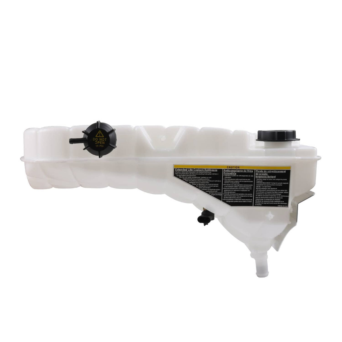 Coolant recovery reservoir bottle tank, white plastic with black cap and sensor port
