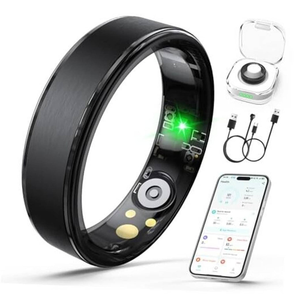 Black smart ring with glowing green display, shown with charging case and smartphone app
