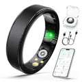 Black smart ring with glowing green display, shown with charging case and smartphone app