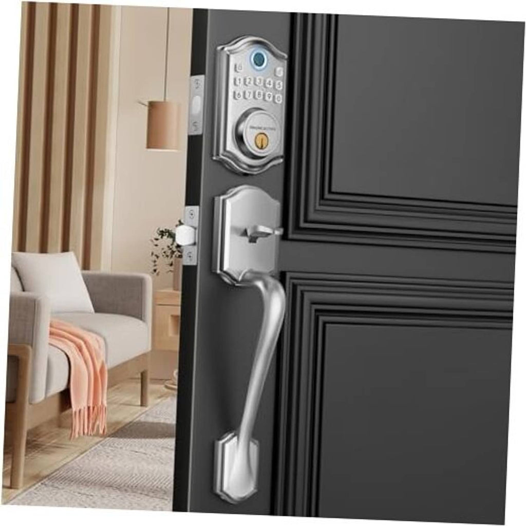 Keyless door lock with satin nickel handle set on dark exterior door
