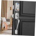 Keyless door lock with satin nickel handle set on dark exterior door