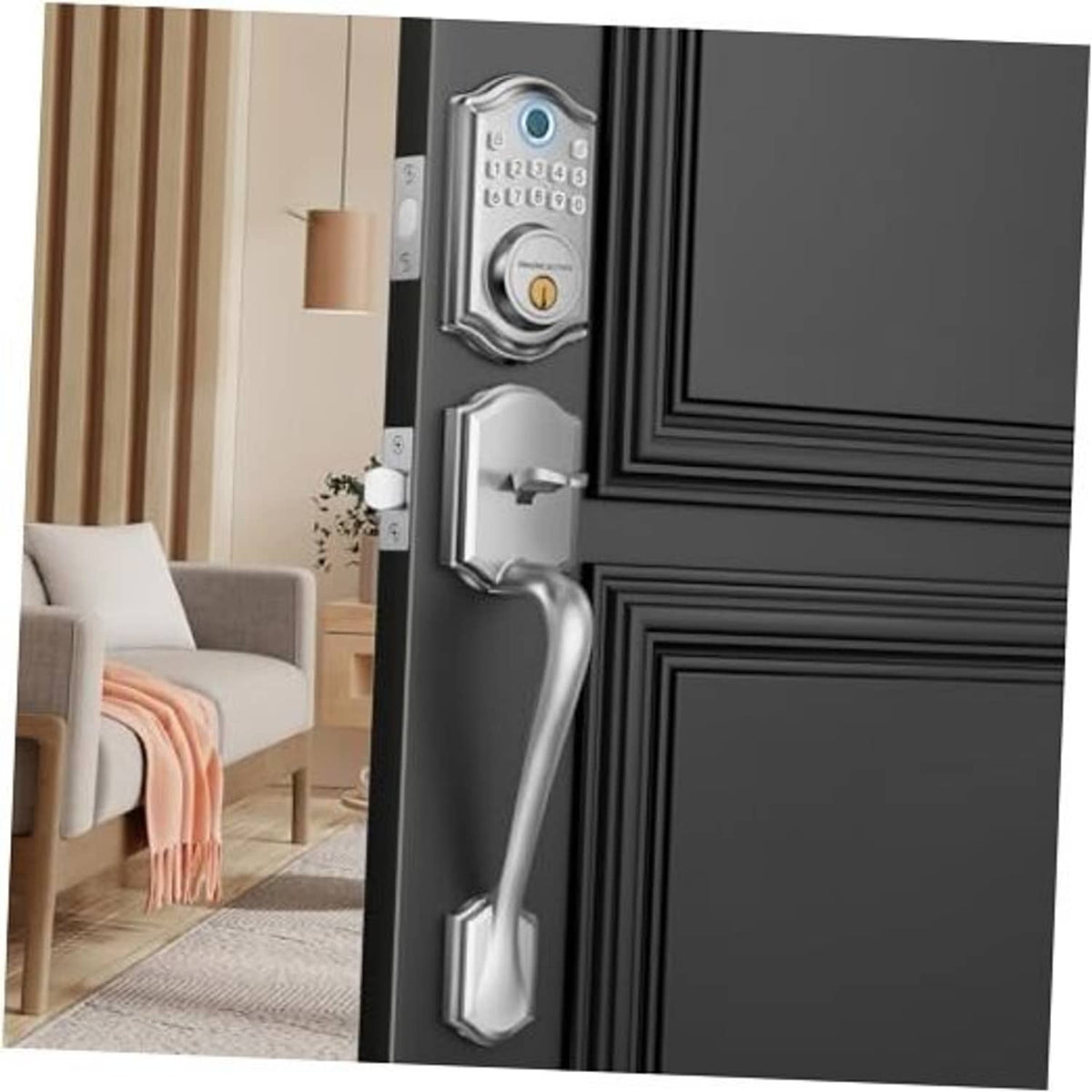 Keyless door lock with satin nickel handle set on dark exterior door