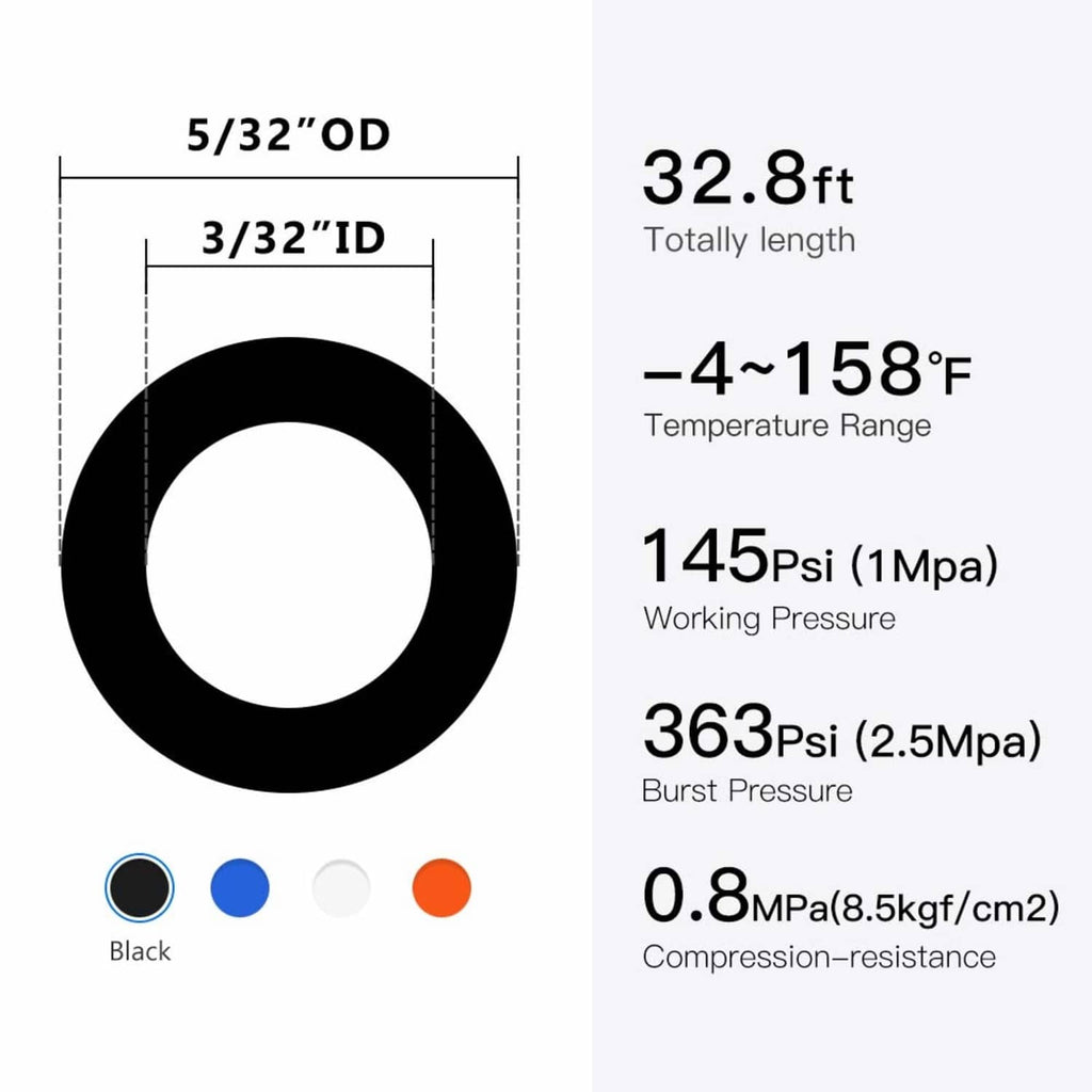 Black PU air hose tubing, 3/32 in ID, 5/32 in OD size diagram