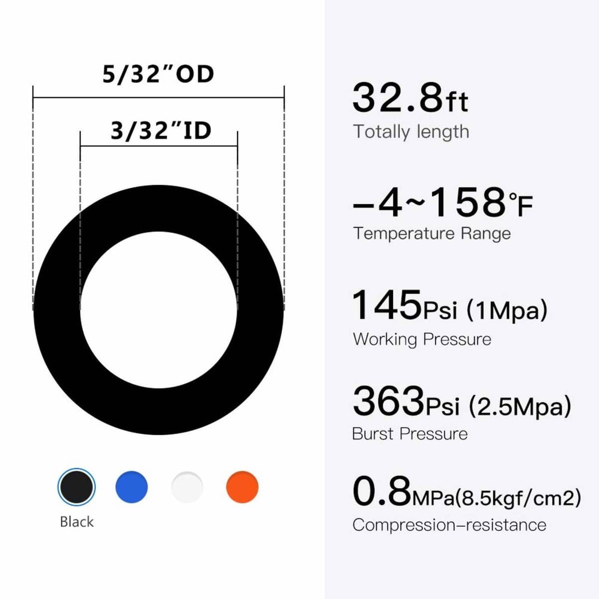 Black PU air hose tubing, 3/32 in ID, 5/32 in OD size diagram