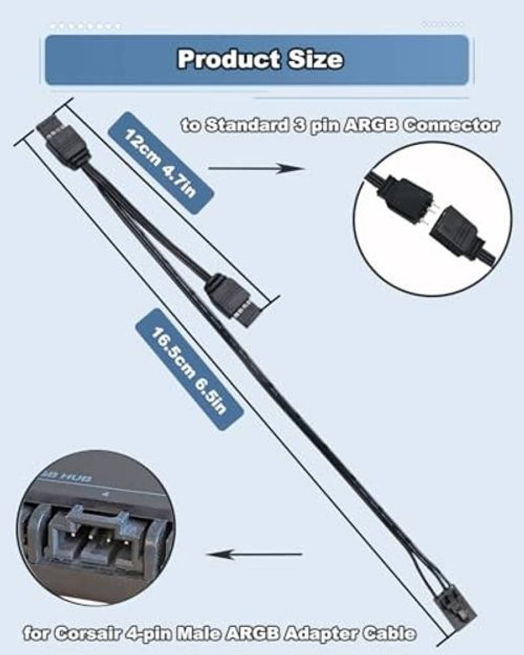 4-pin ARGB adapter cable with black connector ends, 6.5-inch lead