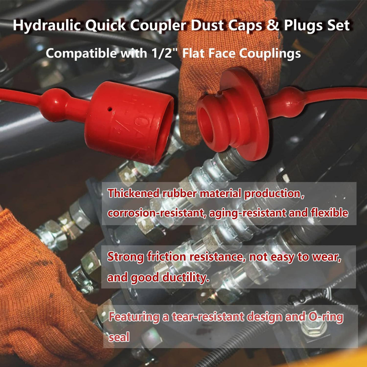 Red hydraulic quick-coupler dust cap and plug set on a flat-face coupling