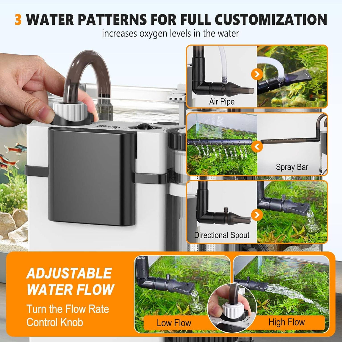 Aquarium canister filter with adjustable water flow knob and spray bar outlets
