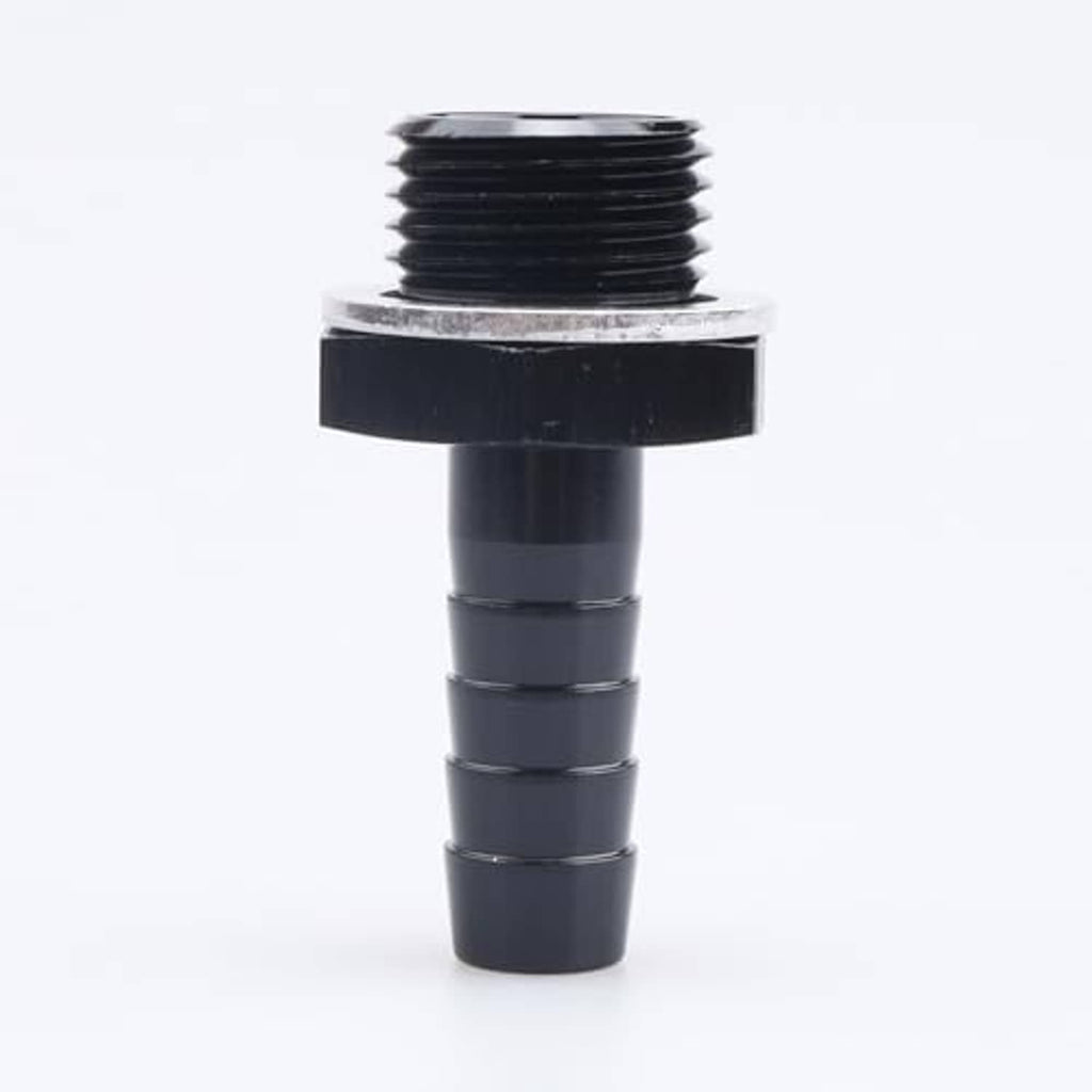 Straight black male metric barb fitting with exposed M16x1.5 threads