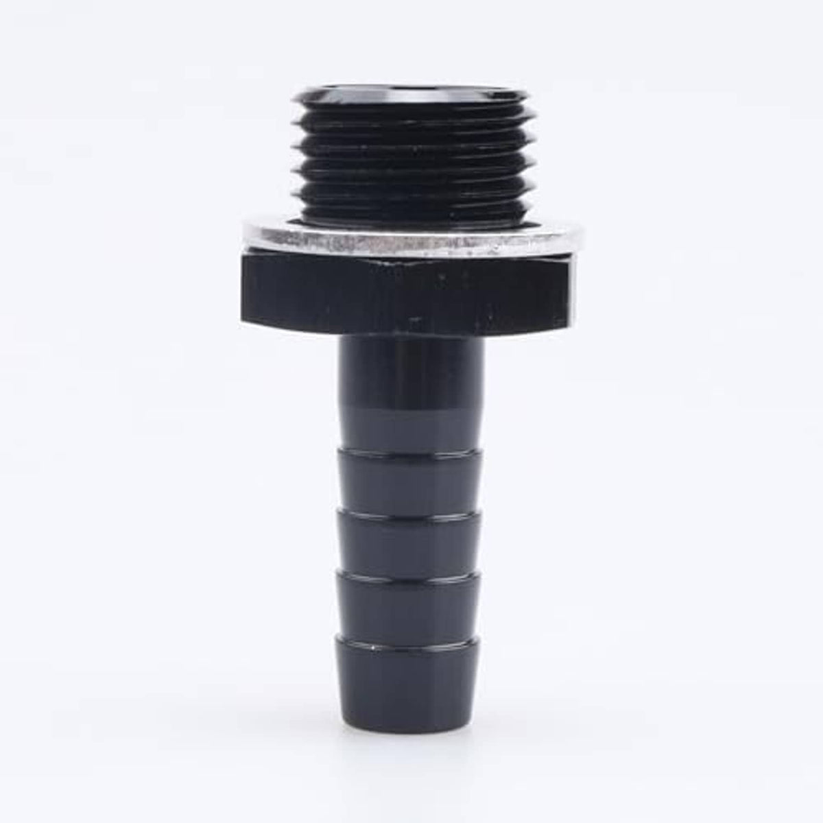 Straight black male metric barb fitting with exposed M16x1.5 threads