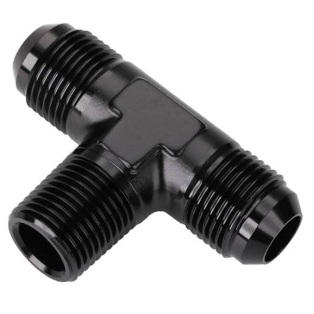 Black AN flare tee fitting with male threads on three ports for 1/2NPT side branch