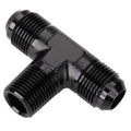 Black AN flare tee fitting with male threads on three ports for 1/2NPT side branch