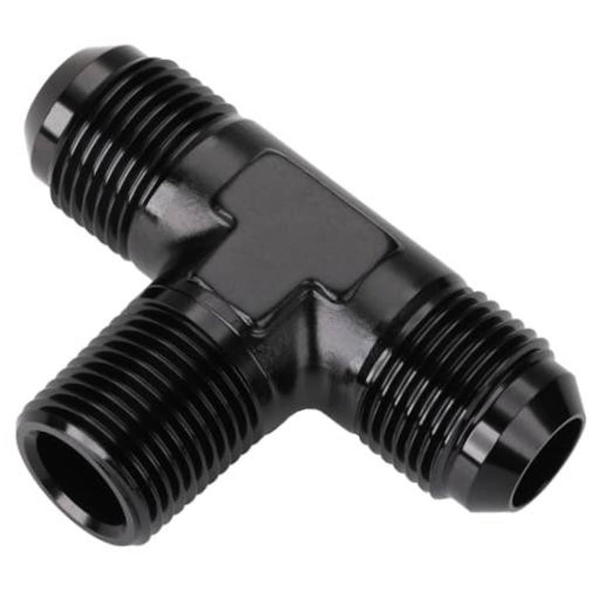 Black AN flare tee fitting with male threads on three ports for 1/2NPT side branch