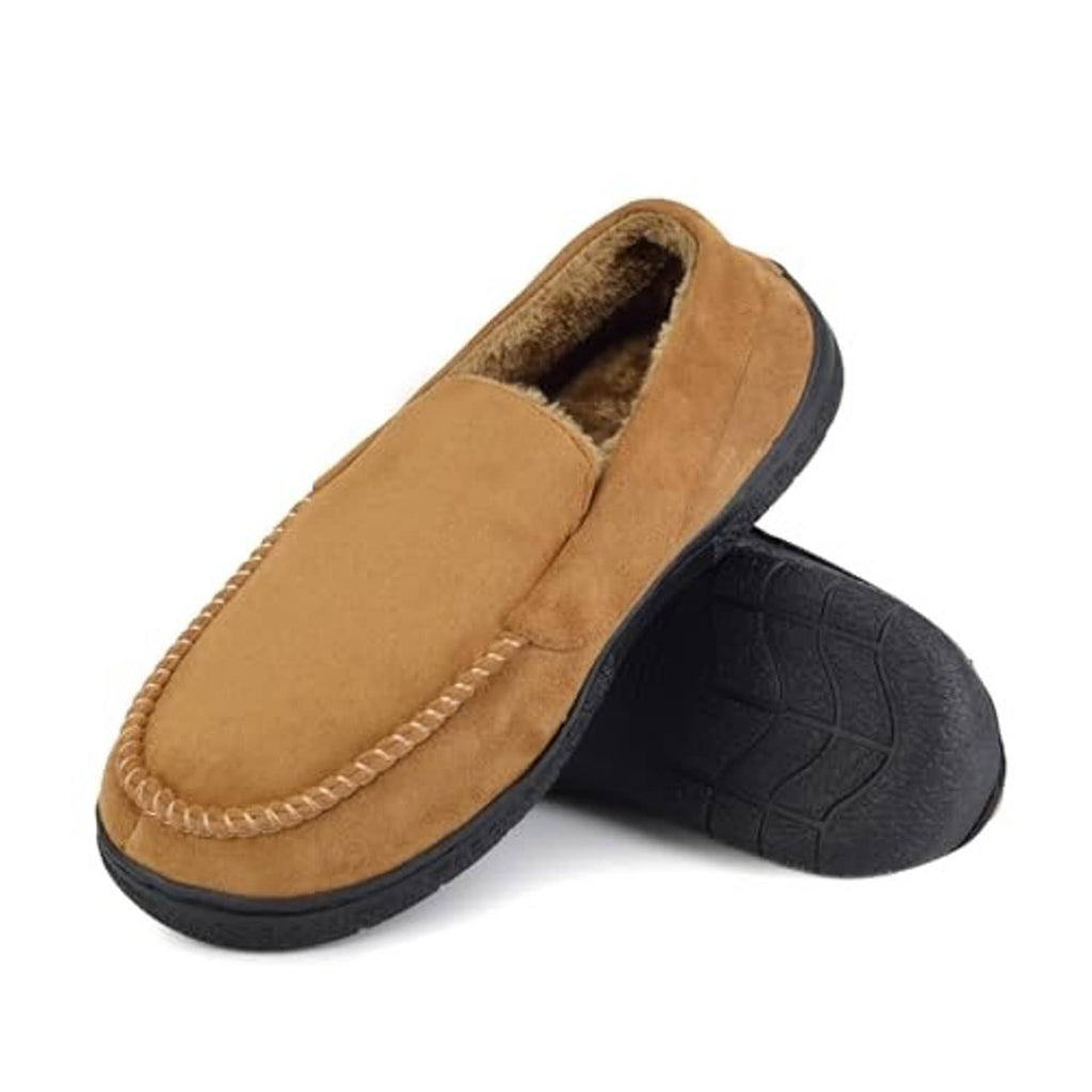 Brown suede moccasin slippers, slip-on design with plush interior and black outsole